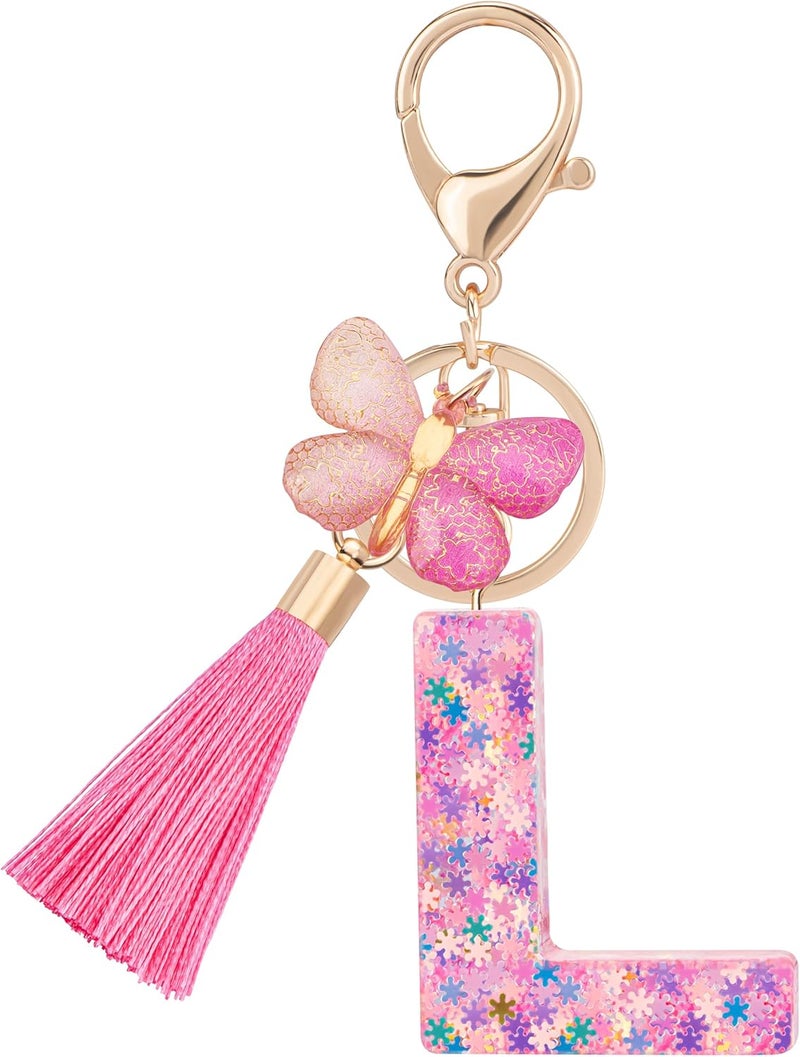 Suweibuke Cute Pink Key Chains for Women Girls, Initial Letter Keychains with Tassel, Charms for Key Purse Handbags Backpacks - Image 1
